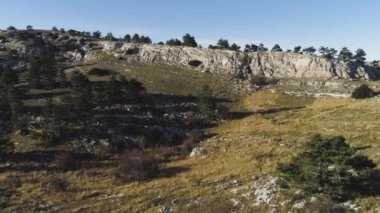 Ağaçları ile kayalık tepenin görünümü. Vurdu. Kayalık mostraları ve yeşil ağaçları ile sarı alanının üstten görünüm. Engebeli arazi üzerinde açık mavi gökyüzü
