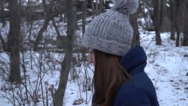 Utomhus närbild porträtt av vacker flicka vandrar i skogen. Dess snöar. — Stockvideo