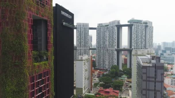 Antenne voor moderne gebouwen en ivy gedekt muren van het mooie hotel in Singapore. Schot. Groene blad muur hotel onder zakelijke gebouwen in Singapore. — Stockvideo