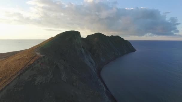 Krajobraz klifów i pole z widokiem na ocean na Mykines, Wyspy Owcze. Strzał. Antenowe piękne pola prowadzącymi w dół klify i morze. — Wideo stockowe