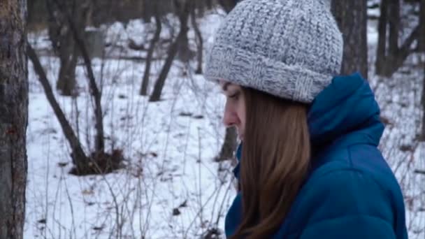 冬天走的年轻女子。迷人的妇女在冬天帽子走在公园之间的树木和雪。美丽的女人悲伤地周到看着他的脚独自行走 — 图库视频影像