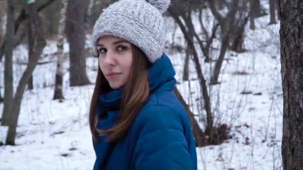 Mujer joven caminando en invierno. Mujer atractiva en sombrero de invierno caminando en parque entre árboles y nieve. Hermosa mujer tristemente pensativa mirando sus pies caminando sola — Vídeos de Stock