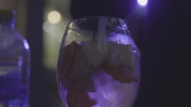 Close up for a glass of white wine with ice cubes decorated with citrus slices on dark background. Frame. Stirred white wine Sangria with citrus fruits. — Stock Video