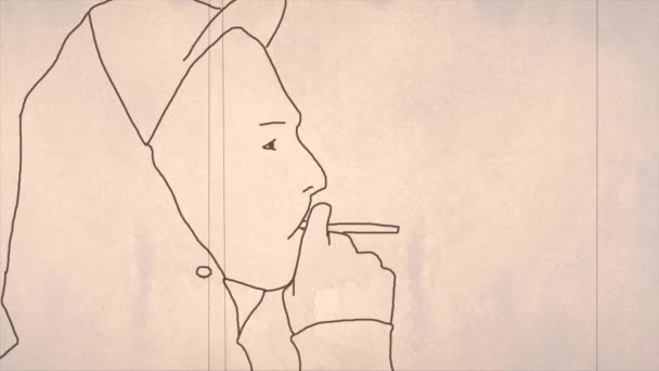 Kontinuierliche Linienzeichnung eines jungen rauchenden Mannes. Animation eines Männergesichts. — Stockvideo