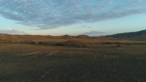 Nádherný východ slunce ráno pole. Střela. Pozadí kopcích porostlých keři a stromy pod zamračenou oblohou — Stock video