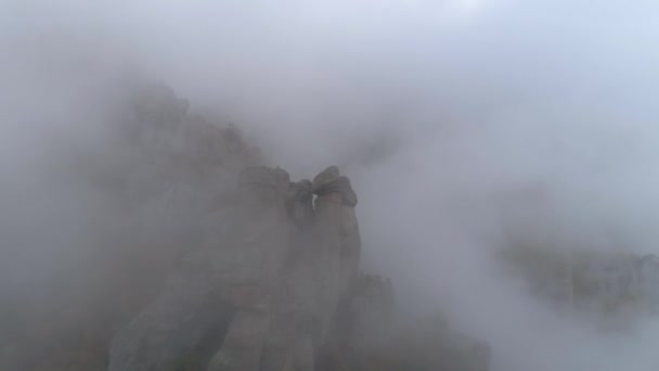 Nahaufnahme riesiger Felsen mit Bäumen im Morgennebel. Schuss. majestätische Berglandschaft. — Stockvideo