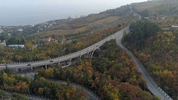 在山上的秋天森林的高速公路的顶部看法。拍摄。在海岸附近的树木繁茂的山镇全景。有桥梁的沿海公路 — 图库照片