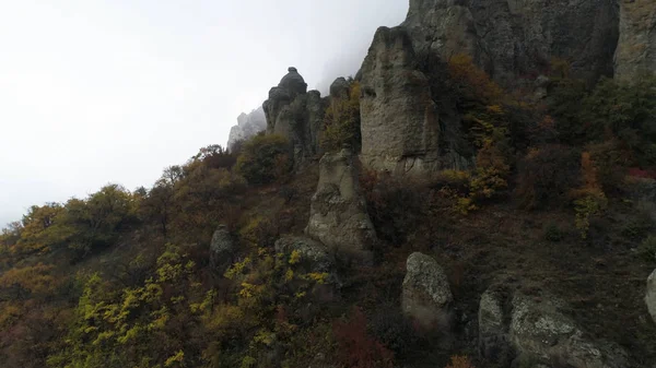 Helling van de berg in de nevel. Schot. Dichte grijze mist omhult de hele ruimte. Bovenaanzicht van rock storten in koude herfst mist — Stockfoto