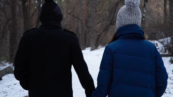 Pareja enamorada se coge de las manos, caminando en invierno por el sendero del bosque. Vista trasera de la joven pareja caminando en el parque en invierno —  Fotos de Stock