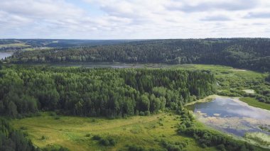 Ormandaki kırsal yolda üstten görünüm trafik. Küçük. Bulutlu gökyüzü ile orman bataklıkta geçen Otoban