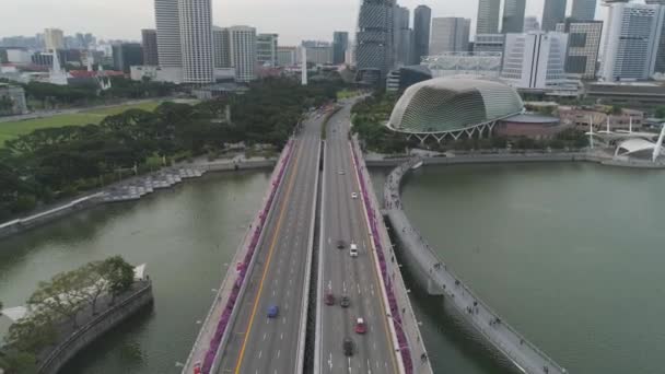 Antenn för Singapore med många bilar på bron över sjön och staden byggnader bakgrunden. Skott. Singapore city skyline med bro och moderna byggnader. — Stockvideo