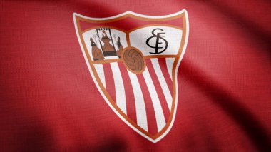 ABD - New York, 12 Ağustos 2018: Sevilla Fc futbol kulübü logosu, sorunsuz döngü ile bayrak sallayarak yakın çekim. Sevilla futbol takımı logolu bayrak sallıyor. Editoryal görüntüleri
