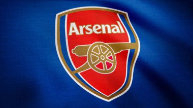 ABD - New York, 12 Ağustos 2018: Londra futbol kulübü Arsenal FC Arsenal FC futbol kulübü logosu, sorunsuz döngü, mavi arka plan ile bayrak sallayarak yakın çekim animasyonlu logosu. Editoryal görüntüleri