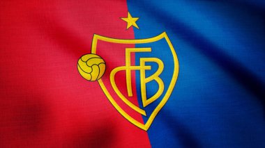 ABD - New York, 12 Ağustos 2018: Fc Basel futbol club logolu bayrak sallıyor. Fc Basel futbol kulübü logosu, sorunsuz döngü ile bayrak sallayarak yakın çekim. Editoryal görüntüleri