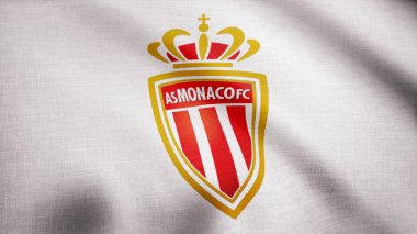 ABD - New York, 12 Ağustos 2018: olarak Monaco Fc futbol kulübü logosu, sorunsuz döngü ile bayrak sallayarak yakın çekim. Monaco Fc bayrak sallıyor. Editoryal görüntüleri