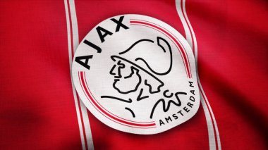 ABD - New York, 12 Ağustos 2018: Ajax Fc bayrak sallıyor. Afc Ajax futbol kulübü logosu, sorunsuz döngü ile bayrak sallayarak yakın çekim. Editoryal görüntüleri
