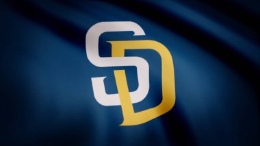ABD - New York, 12 Ağustos 2018: San Diego Padres profesyonel takım logolu bayrak sallıyor. Beyzbol San Diego Padres ile dalgalanan bayrak Close-up kulüp logosu, sorunsuz döngü. Editoryal görüntüleri