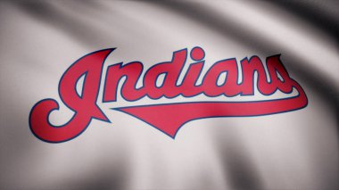 ABD - New York, 12 Ağustos 2018: Cleveland Indians, Amerikan profesyonel beysbol takımı - bayrağı döngü. Cleveland Indians profesyonel takım logolu bayrak sallıyor. Editoryal görüntüleri