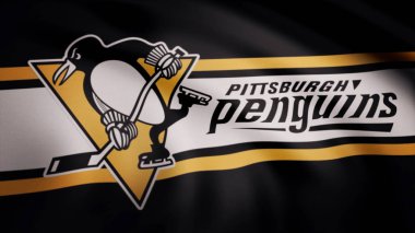 ABD - New York, 12 Ağustos 2018: Pittsburgh Penguins Nhl hokey takımı logolu bayrak sallıyor. Pittsburgh Penguins Nhl hokey takımı logosu, sorunsuz döngü ile bayrak sallayarak yakın çekim. Editoryal görüntüleri