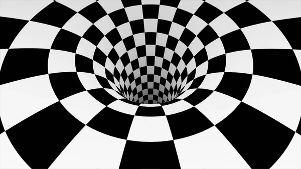 动画催眠隧道与白色和黑色方块。条纹光学错觉三维几何形虫洞形状图案运动图。光学错觉创建的放大黑色和 — 图库照片