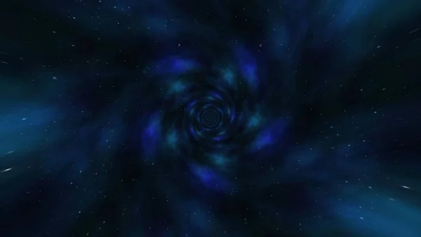 Flying through black hole tunnel,power energy release,spectacular science fiction scene. Loop animation with wormhole interstellar travel through a blue force field on a grid with galaxies and stars — Stock Photo, Image