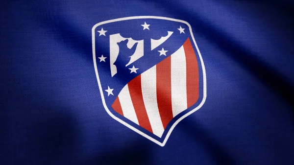 USA - New York, 12 augusti 2018: Atletico de Madrid flagga vajande. Viftande flagga med Atletico Madrid football team logo. Redaktionellt material — Stockfoto