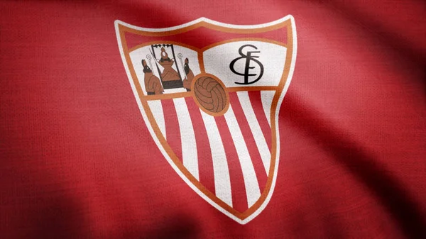 USA - New York, 12 augusti 2018: närbild av viftar flagga med Sevilla Fc fotboll klubb logo, sömlös loop. Viftande flagga med Sevilla fotboll team logo. Redaktionellt material — Stockfoto