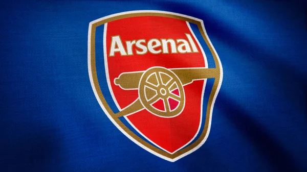 USA - Nowy Jork, 12 sierpień 2018: animowane logo klubu piłkarskiego Londyn Arsenal F.C. zbliżenie macha flagą z logo klubu piłki nożnej Arsenalu F.C., Płynna pętla, niebieskie tło. Materiały redakcyjne — Zdjęcie stockowe