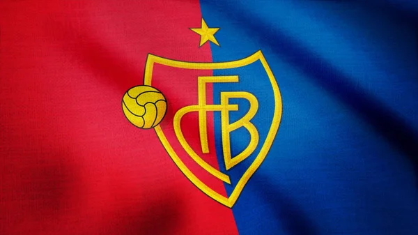 SUA - NEW YORK, 12 august 2018: Fluturând steagul cu logo-ul clubului de fotbal FC Basel. Închiderea steagului fluturând cu logo-ul clubului de fotbal FC Basel, buclă fără sudură. Imagini editoriale — Fotografie, imagine de stoc