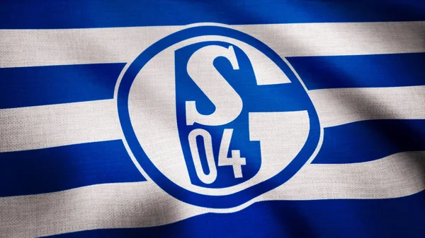 USA - NEW YORK, 12 August 2018: FC Schalke 04 flag is waving on transparent background. Close-up of waving flag with FC Schalke 04 football club logo, seamless loop. Editorial footage — Stock Photo, Image