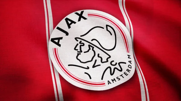 USA - New York, 12 augusti 2018: Ajax Fc flagga vifta. Närbild av viftar flagga med Afc Ajax fotboll klubb logo, sömlös loop. Redaktionellt material — Stockfoto