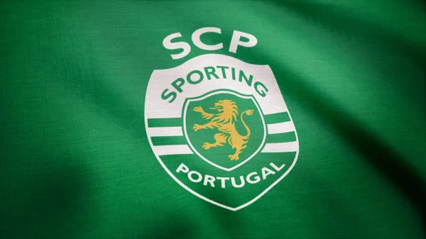 USA - New York, 12 augusti 2018: Sporting Portugal flagga vifta. Viftande flagga med Sporting Portugal fotboll club logotyp. Redaktionellt material — Stockfoto