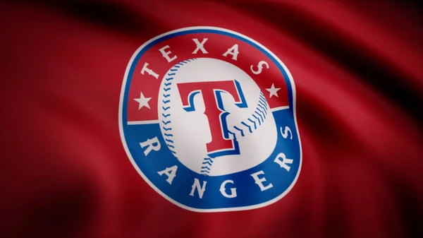 USA - New York, 12 augusti 2018: viftande flagga med Texas Rangers professionellt team logo. Närbild av viftande flagga med baseboll Texas Rangers club logotyp, sömlös loop. Redaktionellt material — Stockfoto