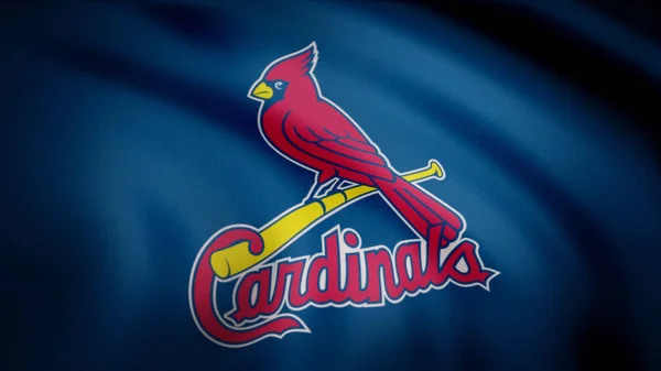 USA - New York, 12 augusti 2018: viftande flagga med St Louis Cardinals professionellt team logo. Närbild av viftande flagga med Baseball St Louis Cardinals club logotyp, sömlös loop. Redaktionellt material — Stockfoto