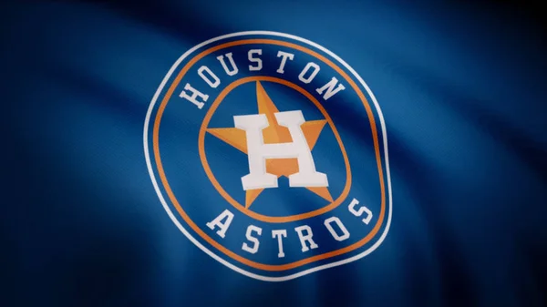Verenigde Staten - New York, 12 augustus 2018: Waving vlag met Houston Astros professioneel team logo. Close-up van de vlag met Houston Astros honkbal team logo, naadloze loops zwaaien. Redactionele beeldmateriaal — Stockfoto