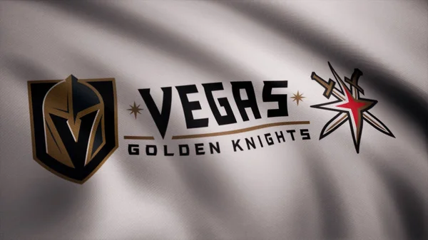 ABD - New York, 12 Ağustos 2018: Vegas altın Knights Nhl hokey takımı logolu bayrak sallıyor. Vegas altın Knights Nhl hokey takımı logosu, sorunsuz döngü ile bayrak sallayarak yakın çekim. Editoryal görüntüleri