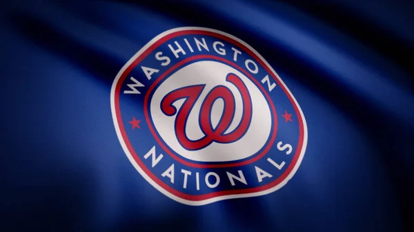 Vlající vlajka s logem profesionálního týmu Washington Nationals. Detail vlající vlajky s Baseball Washington Nationals klubové logo, bezešvé smyčka. Redakční klip — Stock fotografie