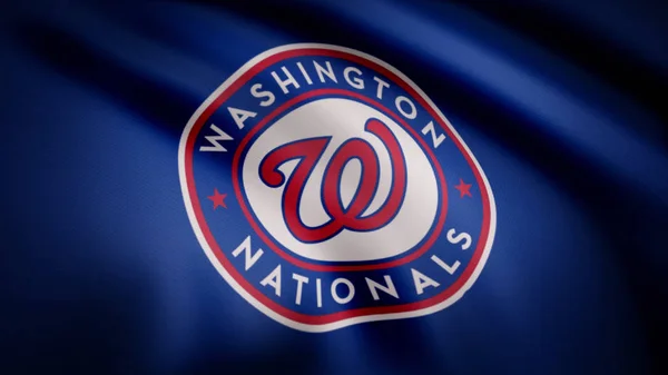 Acenando bandeira com o logotipo da equipe profissional Washington Nationals. Close-up da bandeira acenando com o logotipo do clube Baseball Washington Nationals, loop sem costura. Clipe editorial — Fotografia de Stock