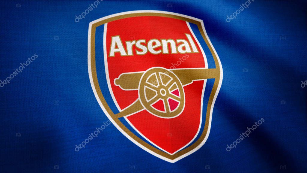 Animated logo of London football club Arsenal F.C. Close-up of waving flag with Arsenal F.C. football club logo, seamless loop, blue background. Editorial footage.