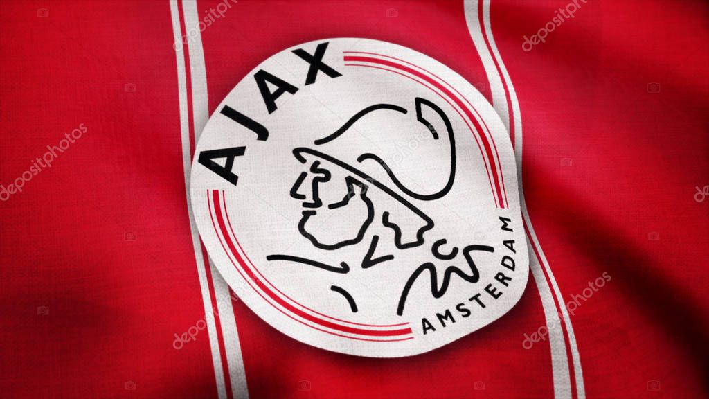 Ajax FC flag is waving. Close-up of waving flag with AFC Ajax football club logo, seamless loop. Editorial footage.