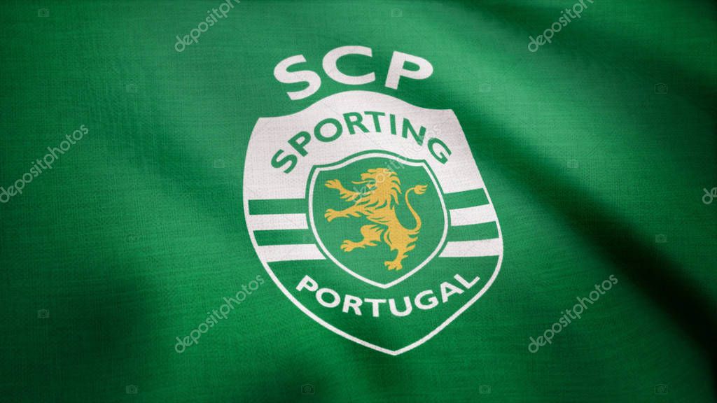Sporting Portugal flag is waving. Waving flag with Sporting Portugal football club logo. Editorial footage.