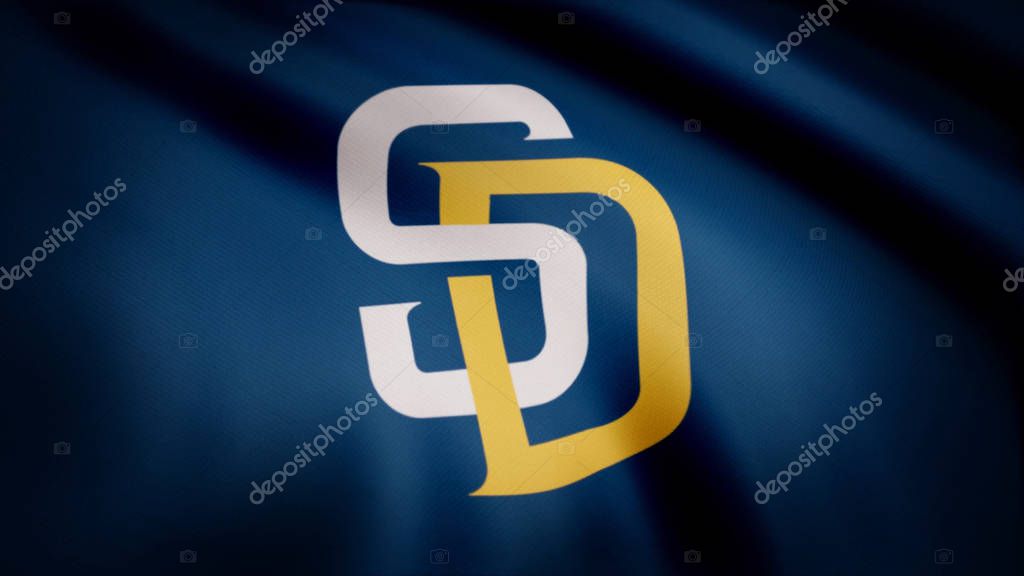 Waving flag with San Diego Padres professional team logo. Close-up of waving flag with Baseball San Diego Padres club logo, seamless loop. Editorial footage.