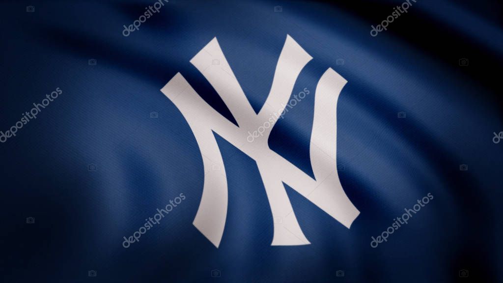 Waving flag with New York Yankees professional team logo. 4K editorial clip. Editorial footage