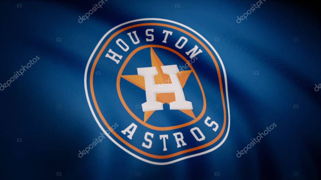 Waving flag with Houston Astros professional team logo. Close-up of waving flag with Houston Astros baseball team logo, seamless loop. Editorial footage