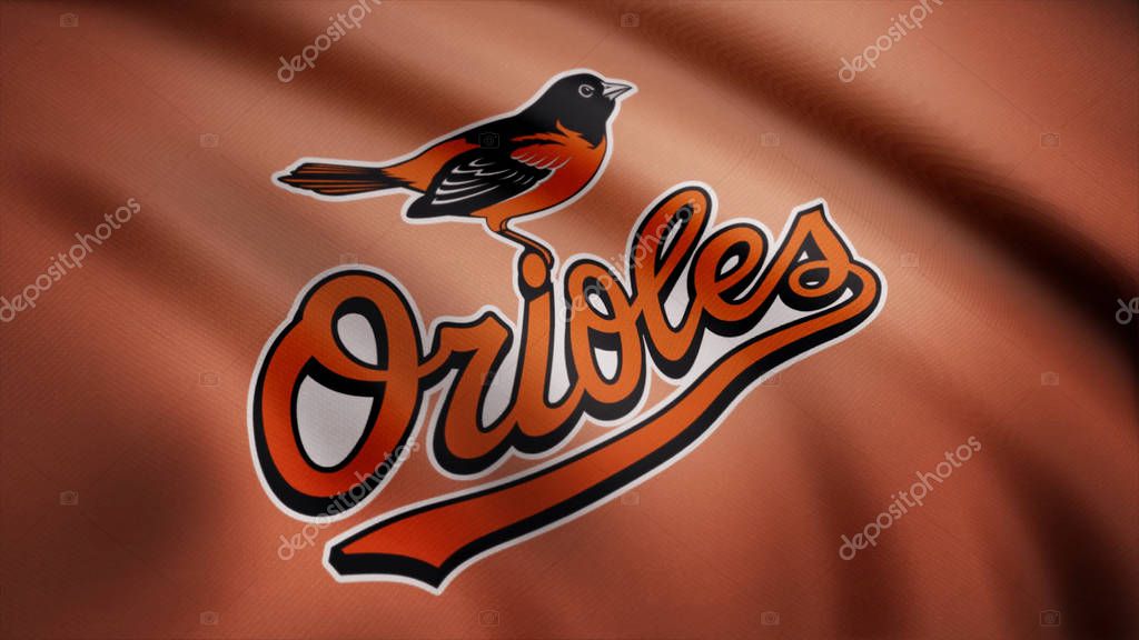 Waving flag with Baltimore Orioles professional team logo. Close-up of waving flag with Baltimore Orioles MLB baseball team logo, seamless loop. Editorial footage