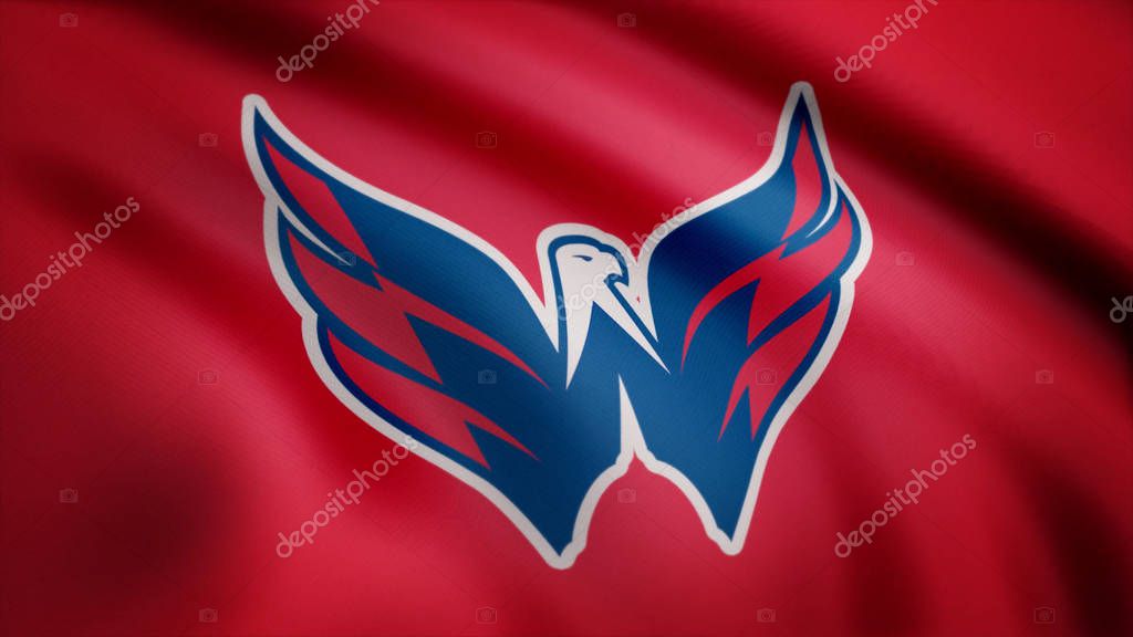 Waving flag with Washington Capitals NHL hockey team logo. Close-up of waving flag with Hockey Washington Capitals club logo, seamless loop. Editorial footage