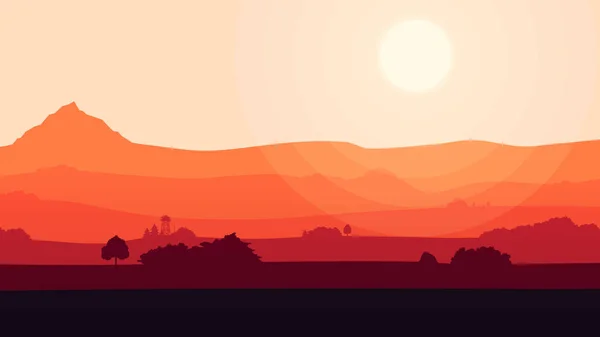 Bunte Cartoon Natur Hintergrund. Animation des schönen roten Sonnenuntergangs mit einigen Wolken und Berglandschaft. Sonnenuntergang Ambient Hintergrund nahtlose Schleife. — Stockfoto