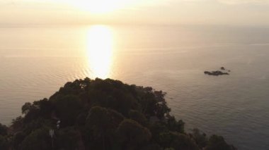 Deniz günbatımı gökyüzü arka plan üzerinde çevrili bir kayanın üzerinde büyüyen ağaçlar. Vurdu. Harika deniz manzarası zemin üzerine yeşil ağaçlar Cliff kapsadığı.