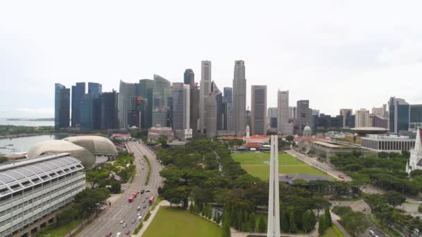 Singapore skyline van de stad langs de Singapore River, Singapore, mooie groene gras en de weg. Schot. Antenne voor kust skyline van Singapore, hoge stijging gebouwen en groen park. — Stockvideo