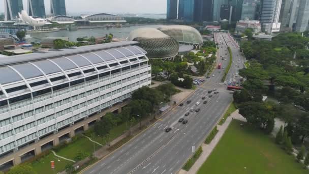 Singapura - 25 de setembro de 2018: o horizonte da cidade de Singapura ao longo do rio Singapura, a bela grama verde e a estrada. Atingido. Aviação para o horizonte costeiro de Singapura, edifícios altos e parque verde . — Vídeo de Stock